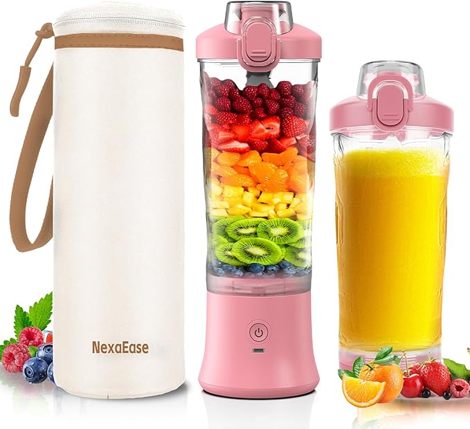 Portable Blender Personal Juicer for Shakes and Smoothies - 20 OZ Electric Protein Shaker Bottle with Insulated Sleeve, Travel Lid, USB-C Rechargeable - Mini Small Blender Cup for Kitchen, Office, Gym