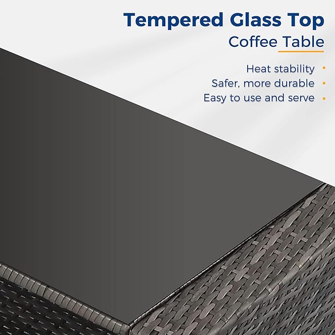 Wisteria Lane 5 Piece Patio Furniture Set, Wicker Outdoor Patio Conversation Furniture Set, All Weather Outdoor Patio Sofa with Cushion and Glass Table, Grey