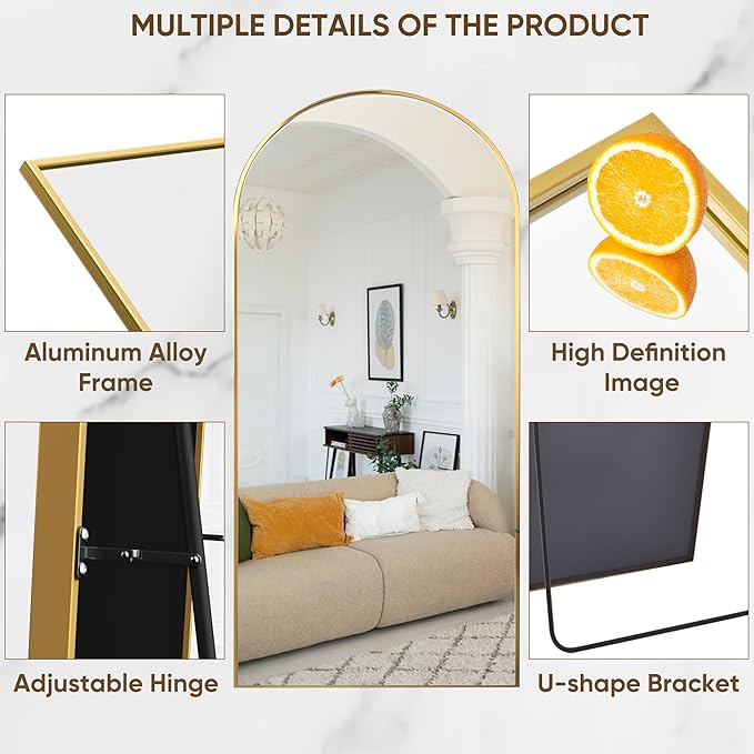 Suidia Full Length Mirror, 76"x34" Floor Standing Mirror Freestanding, Full Body Mirrors with Stand for Bedroom, Hanging Mounted for Living Room Cloakroom, Gold, Arched Style