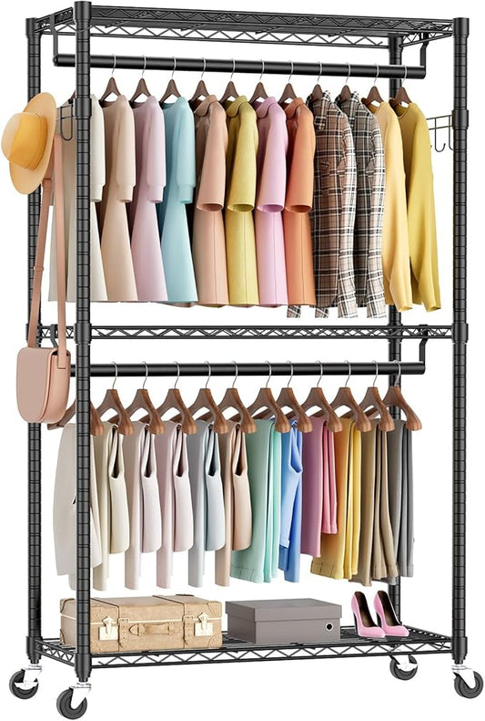 Sweetcrispy Rolling Clothes Rack, Heavy Duty Garment Racks 3 Tiers Portable Adjustable Wire Shelves with Wheels, Hanging Rods & Side Hooks Metal Freestanding Clothing Wardrobe Closet - Black