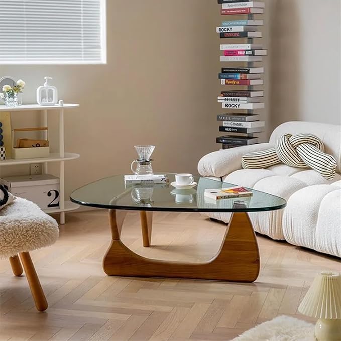 EASYSOUL Modern Glass Coffee Table, 32.68" D x 22.44" W x 15.75" H, Abstract Round Tea Tables for Living Room Home Office Industrial Cocktail Tables (Walnut-Clear Glass, 32.68")