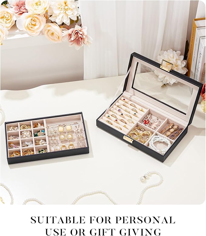 Homde Jewelry Tray Stackable Jewelry Box with Glass Lid, Removable Dividers for Vanity Table Gift Idea for Girls and Women (Black)