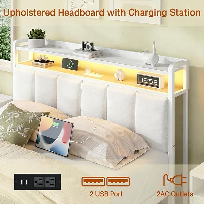 King Bed Frame with LED Lights and Charging Station, Metal Platform Bed Frame King with Upholstered Storage Headboard, Heavy Duty Metal Slats, No Box Spring Needed, Easy Assembly, White