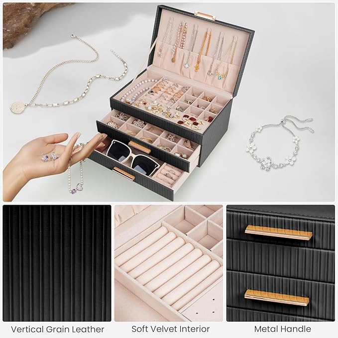 Dajasan Jewelry Boxes for Women, Jewelry Storage Organizer with 2 Drawers, Jewelry Organizer Box for Necklaces Rings Earrings Bracelets, Gift Idea, 10.71 x 7 x 5.6 Inches (Black)