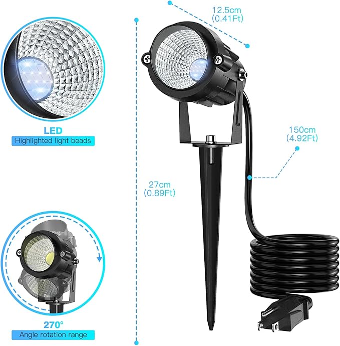High Brightness 1000LM Outdoor Spot Lights for Yard, 6500K Daylight Spot Lights Outdoor with 4.9FT Electric Cord, 10W LED IP66 Waterproof Landscape Spotlights for Garden Tree Flag - 2 Pack