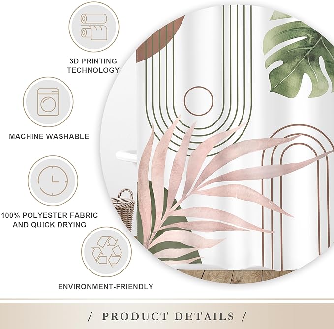 Glawry Abstract Tropical Shower Curtain Extra Long Chic Boho Plant Palm Leaf Watercolor Pink Green Simple Minimalist Bathroom Modern 72Wx84L Inches Bath Accessories Art Home Decor Fabric 12 Pack Hooks