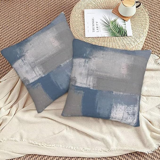 Blue and Grey Pillow Covers 18 x 18 Inch Set of 2 Modern Abstract Art Decorative Throw Pillow Covers Outdoor Cotton Farmhouse Cushion Cases for Home Sofa Couch Living Room Decor