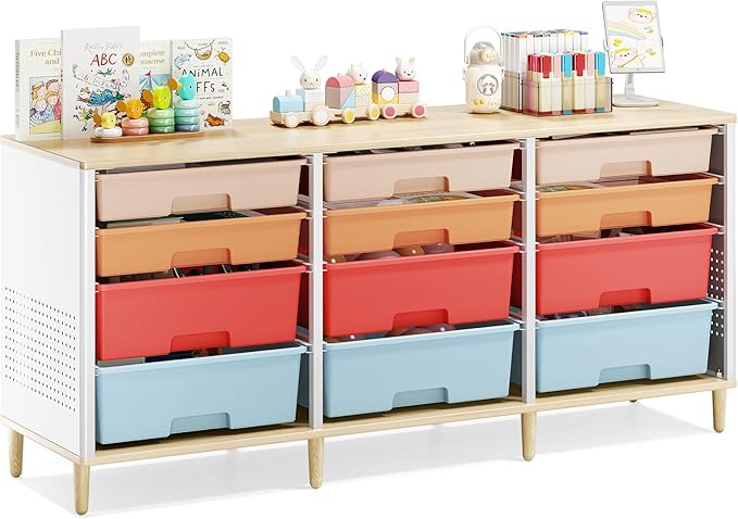 Storage Cabinet with 12 Drawers, Home Storage With Wooden Tabletop, Cube Storage Organizer for Living Room, Bedroom, Classroom, Office, Playroom, Craft Room, (Colorful)