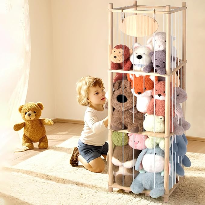 Stuffed Animal Storage Organizer - Thick Wooden Toy Zoo for Playroom & Bedroom, Large Plushies Holder with Cute Jail Cage Design, Plush Toy Display Tower Shelf (Large)