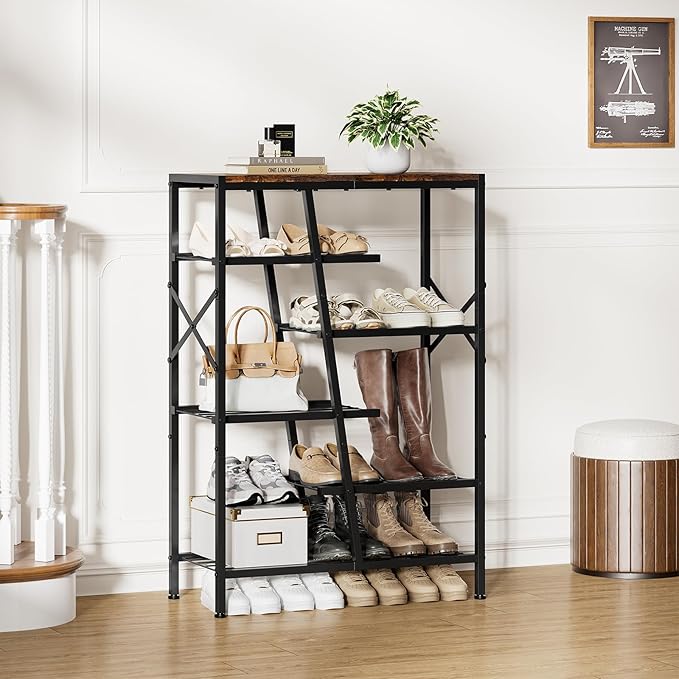 Shoe Rack, 6-Tier Boot Rack, Wooden Storage Organizer for Tall Boots, Sneakers, Metal Shoe Rack Organizer with Metal Mesh Shelves, 10-12 Pairs of Shoes for Closet, Entryway, Rustic Brown