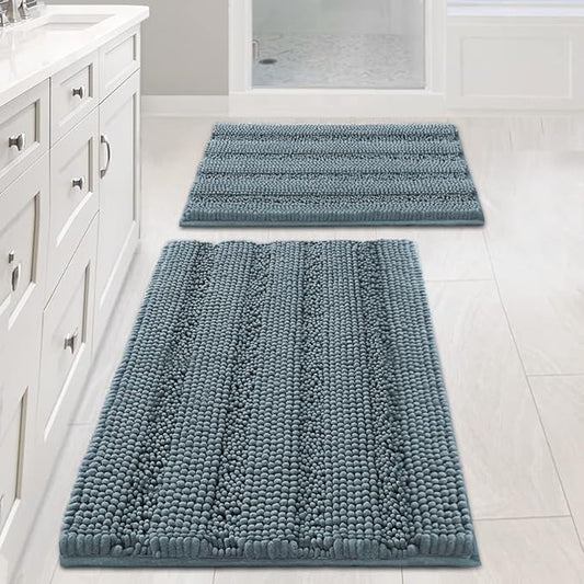Non Slip Thick Shaggy Chenille Bathroom Rug Mat Set Extra Soft and Absorbent Striped Floor Rugs, 2 Piece, Machine-Washable