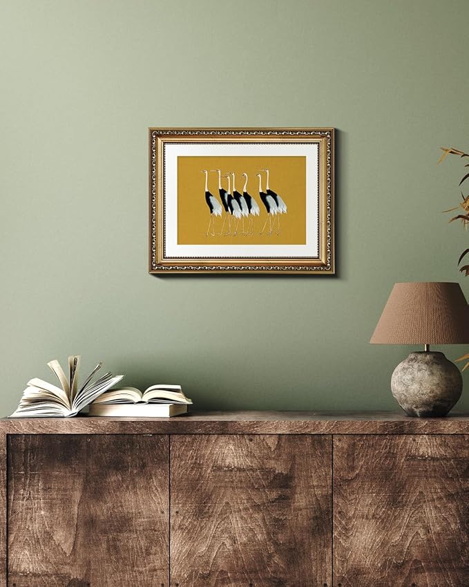 VIYYIEA Gold Framed Wall Art Canvas Print Home Decor, Vintage Cranes Wall Art for Living Room, Vintage Animal Oil Painting Picture, Print Framed Home Decor, Bathroom Wall Decor Seven Cranes 11x14in