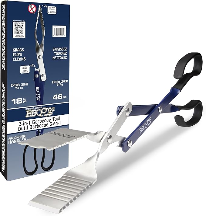BBQ Croc 3 in 1 Barbecue Tool 18-inch - Lightweight and Long Tongs, Spatula and Grill Scraper (Blue) (18 inch Without Flashlight)