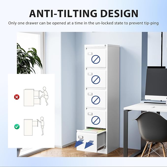 5 Drawer File Cabinet, Filing Cabinets for Home Office, Vertical File Cabinet with Lock, 61.6" H Locking File Cabinet for A4 Legal/Letter, Assembly Required (White)