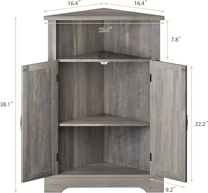 Smuxee Bathroom Corner Storage Cabinet, Farmhouse Floor Corner Cabinet with Barn Door and Adjustable Shelf, Wash Grey Narrow Cabinet Organizer for Bathroom, Living Room, Kitchen