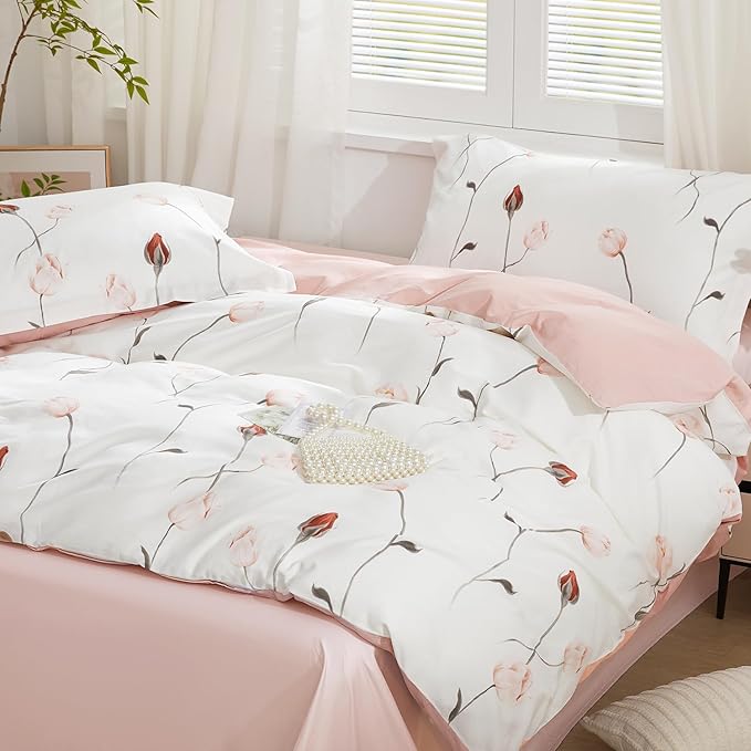 SAPHREAS Floral Duvet Cover Set 3pcs Full Size Pink Red Botanical Rose Bedding Comforter Cover Set 100% Cotton 1 Duvet Cover 90"x80" 2 Pillow Shams, Comforter Not Included