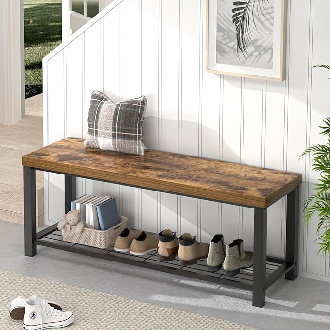 EXCEFUR Entryway Bench, Modern Wood and Metal Storage Bench for Hallway Front Door Entrance, Industrial Indoor Shoe Rack Bench Seat for Living Room Bedroom, 43.3 Inch Rustic Brown