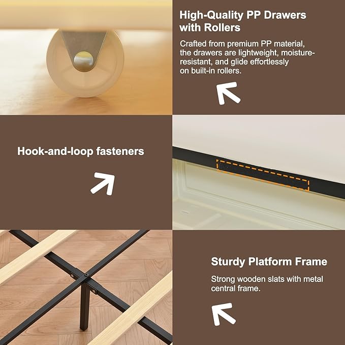 VELOCAVA King Size Storage Bed with 4 Drawers, Modern Upholstered Bouclé-Textured Platform Frame with Curved Headboard, Rounded Corners, Wood Slats, No Box Spring Needed, Cream White