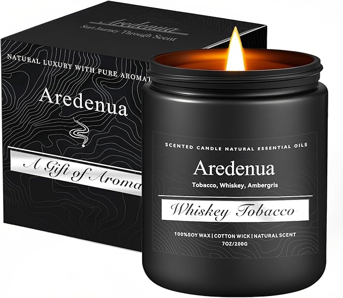 Whiskey Tobacco Candle, Manly Soy Candles for Home Scented, Masculine Scented Candles Aromatherapy Gifts for Men - 7oz Manly Candle, 50 Hours Burn Time, Perfect for Creating Relaxing Atmosphere
