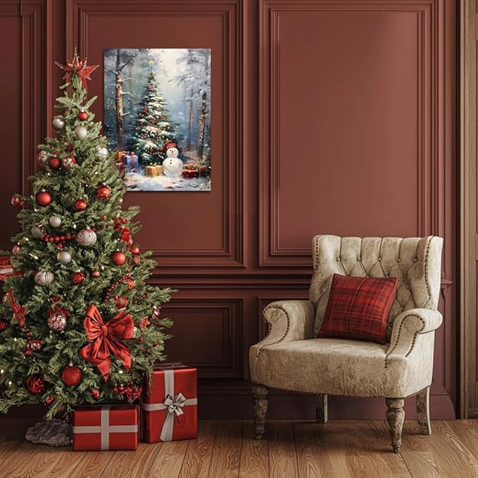Christmas Wall Art Winter Pine Tree Canvas Pictures Wall Decor Snowman Romantic Christmas Snowman Poster Xmas Tree Prints Painting for Holiday Gifts, for Living Room Bedroom Bathroom Decortions 16x20inch