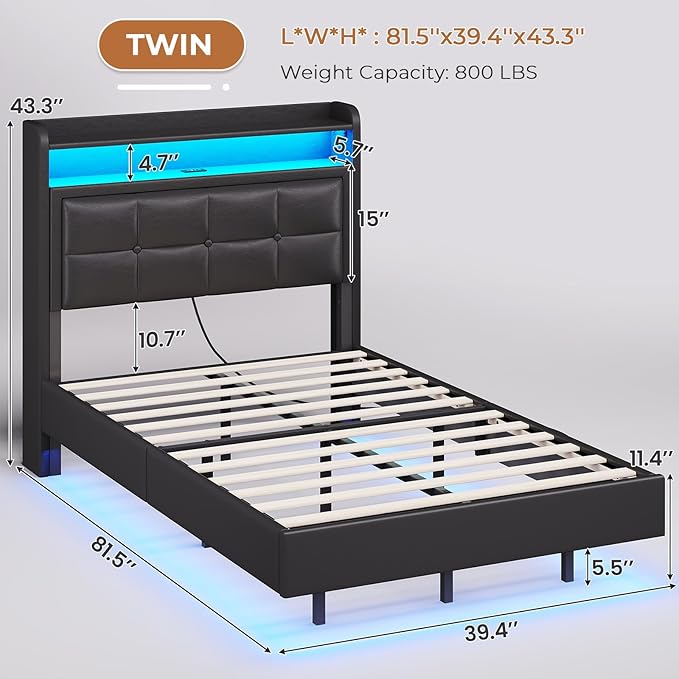 Twin Size Floating Bed Frame with Tufted Storage Headboard, LED Upholstered Platform Bed with 4 Charging Ports, Black Pu Leather Bed, No Box Spring Needed, Wood Slats
