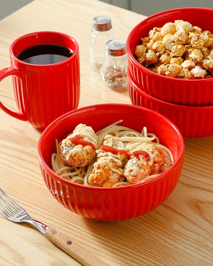 Hasense Large Ceramic Serving Bowls 42 Oz - 7 Inch Salad Bowl Set of 4 for Kitchen,Modern Ribbed Porcelain Dishes for Entertaining,Soup,Pho,Pasta,Cereal, Noodle - Dishwasher & Microwave Safe, Red