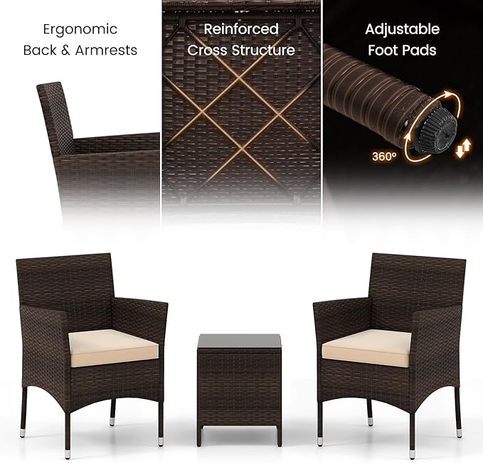 Tangkula 3 Pieces Patio Rattan Furniture Set, Outdoor Conversation Set with PE Wicker Armchairs, Tempered Glass Top Coffee Table, Soft Removable Cushions, for Porch Garden Yard Balcony (Beige)