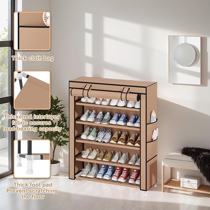 Laiensia 5-Tier Vertical Shoe Rack Organizer, Space Saving Shoe Storage Organizer, Non-Woven Cover Shoe Shelf Holds 20-25Pairs for Bedroom, Hallway, Closet Entryway, Brown