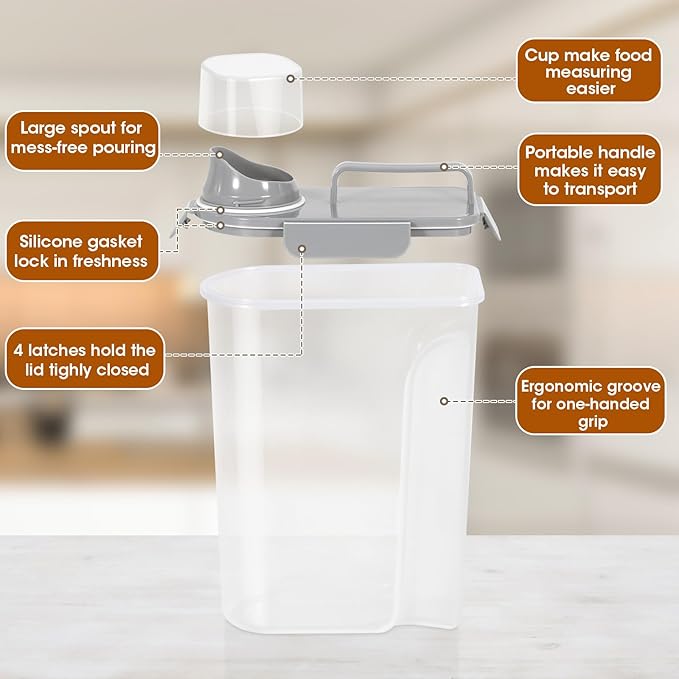 TBMax Rice Container 10 Lbs Kitchen Pantry Food Storage Container, Small Pet Dog Cat Food Container Dispenser 6 Lbs, Plastic Rice Cereal Flour Holder with Cup for Dry Food Storage Organization