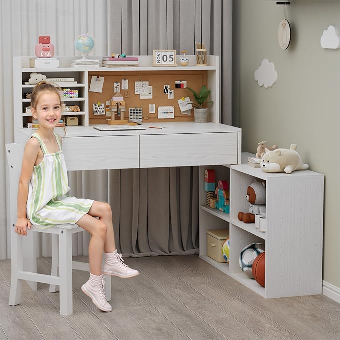 Wooden Kids Desk and Chair Set, 2 Drawers and Remove Storage 4 Cabinets, Children Study Desk with Hutch and Shelves, Boys & Girls Study Desks for Kids Bedroom (White)-Qx0eVu