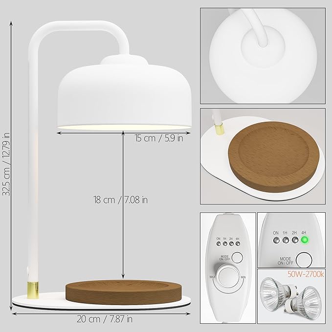 Candle Warmer Lamp with Timer, Electric Candle Warmer Lamp for Jar Candles, Home Decor Keepsake Candle Lamp Warmer with 2 Halogen Bulbs (White)