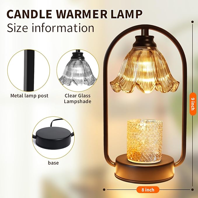 Candle Warmer Lamp with Timer: Black Metal Frame and 4 Dimmer, Heater Wax Warmer for Jar Scented, Home Décor and Housewarming & Birthday Gift for Mom Woman, 2 Bulbs (Crystal Flower & Gray)