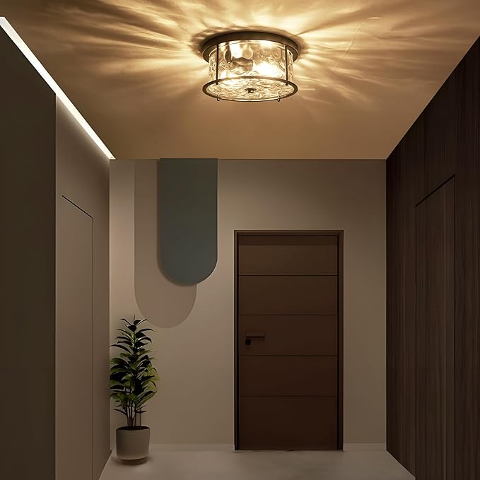 LamQee Flush Mount Ceiling Light with Clear Hammered Glass, Industrial 2-Lights Farmhouse Close to Ceiling Light Fixtures Round Low Profile Lights for Kitchen Hallway Foyer Entrance Bedroom Black