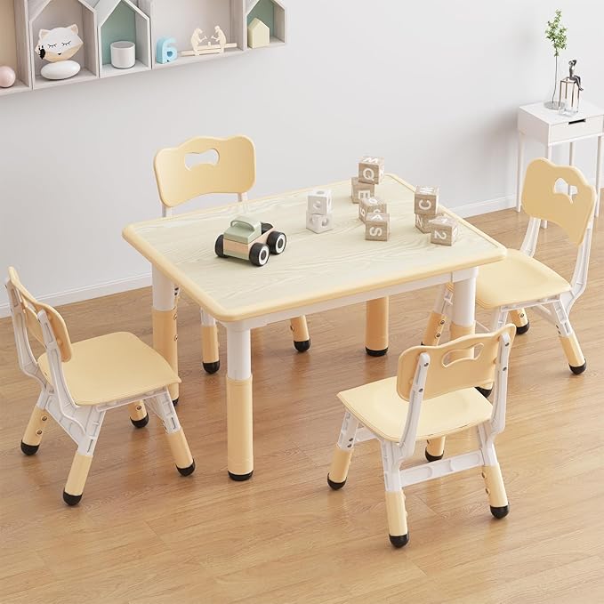 GAOMON Kids Table and 4 Chairs Set, Height Adjustable Toddler Table and Chairs Set for Ages 2-10, Graffiti Desktop, Non-Slip Legs, Children Table for Daycare Home