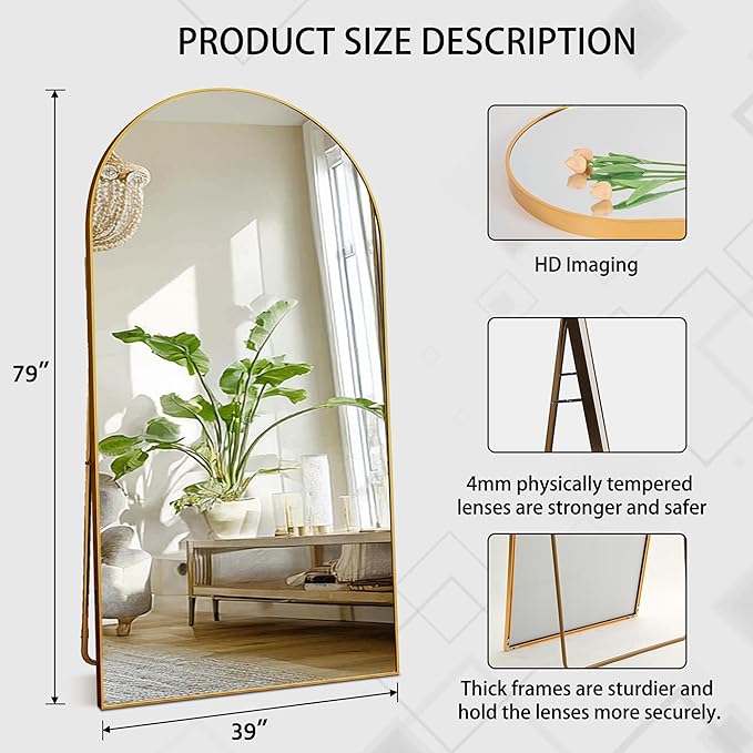 Beauty4U 79" x 39" Large Arched Full Length Mirror with Stand, Metal Frame Gold Wall Mounting Full Body Tempered Mirror for Living Room, Bedroom