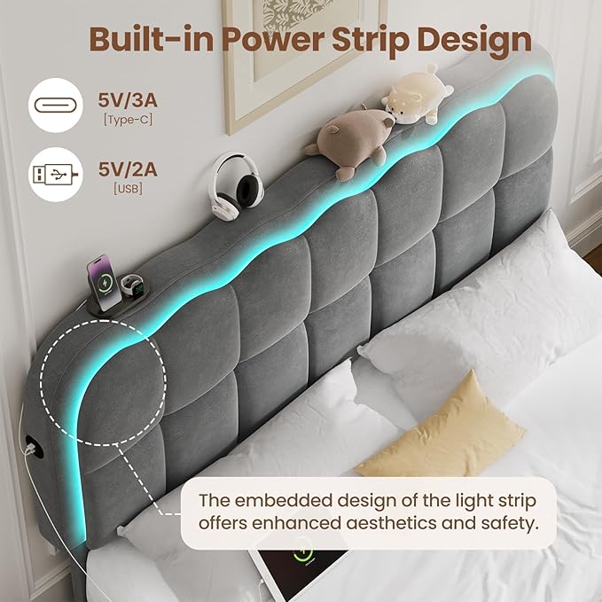 Queen Size Bed Frame with 4 Storage Drawers and LED, Adjustable Clouds Headborad, Velvet Upholstered Platform Queen Bed Frame with Charing Station, Wood Slats Support, No Box Spring Needed,Grey