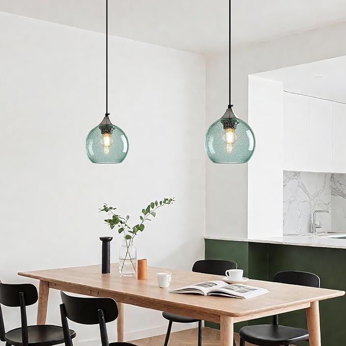 Light Green Glass Pendant Lights Kitchen Island Globe Pendant Light Fixtures Modern Pendant Lighting for Bedroom Living Dining Room Light Fixture (5.9 in, 3 Pack)