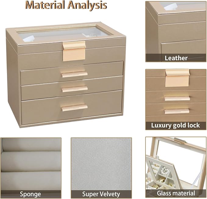 BOOVO Jewelry Boxes for Women, White and Black 4 Layer Large Jewelry Box for Necklace, Bracelet, Earrings, Rings Storage, Jewelry holder Organizer for Girls Gift (Gold, 4 layer)