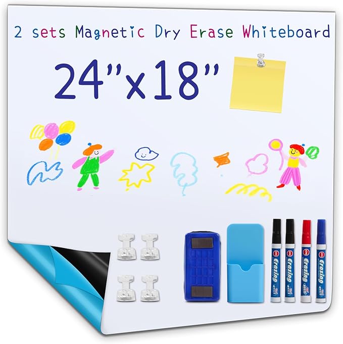 2 Pieces Magnetic Dry Erase whiteboard Paper with self Adhesive Backing Adhesive, 24“ x 18”, Easy to Write and Clean, for Kids Home playroom Office, Peel and Stick Wallpaper.