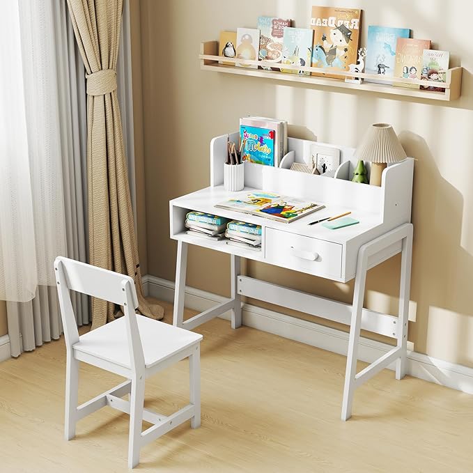 INFANS Table and Chair Set, Toddler Wooden Student Study Desk with Chair Storage Hutch Compartments Drawers for Writing Drawing, Children Furniture for Bedroom School Boys Girls 3+ Years Old (White)