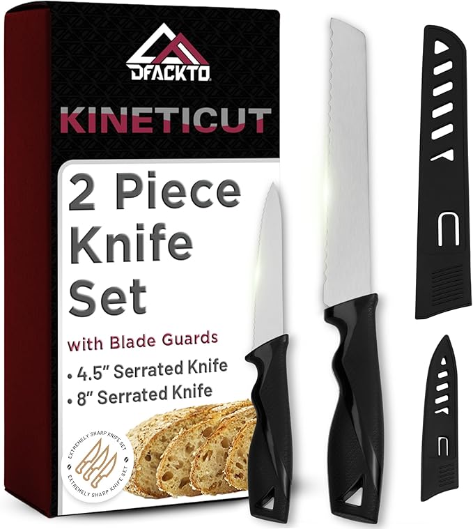 2-Piece Serrated Knife Set – Stainless Steel Kitchen Cooking Knives w/Protective Covers, Dishwasher Safe, No Block, Sharp Cutlery for Slicing Bread, Cooking Fruit & Steak w/Sheath - Black