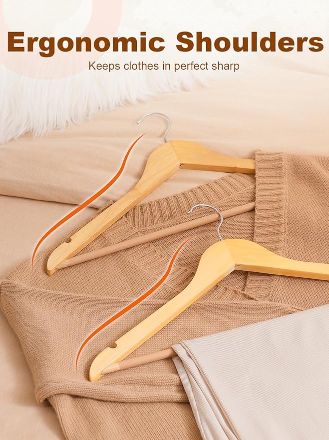 HOUSE DAY Wooden Hangers 20 Pack, Solid Wood Hanger with Non Slip Pant Bar, Heavy Duty Wooden Coat Hanger for Closet, Smooth Finish Wood Clothes Hangers for Shirts, Suits, Jackets, Dresses, Natural