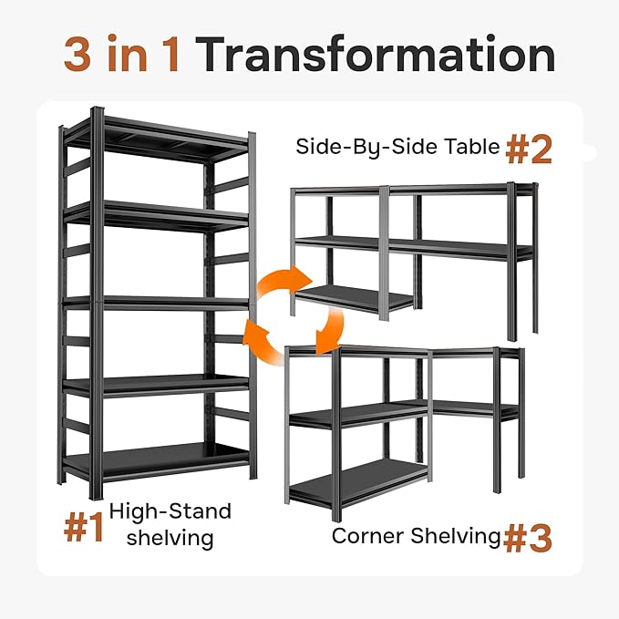 2500LBS Garage Shelving Heavy Duty 35.4"W Storage Shelves 5 Tier Heavy Duty Shelving Adjustable Garage Shelves for Basement, Warehouse, Commercial, Easy Assemble, 35.4" W x 71.2" H x 15.4" D