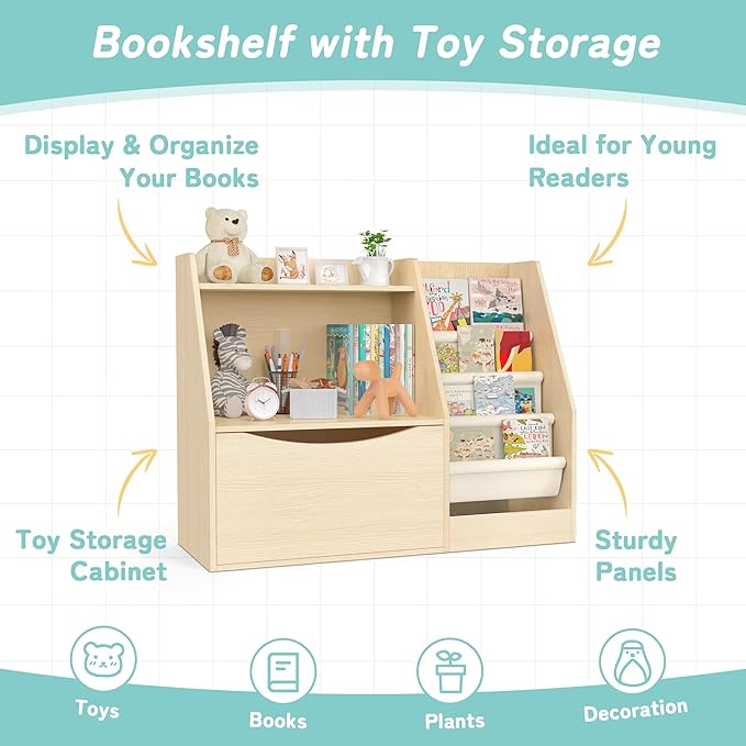 TOETOL 2 Tier Kids Bookshelf and Book Storage，4 Sling Toddler Bookshelf, Storage Boxes Book Shelf & Organizer for Nursery Playroom Classroom Library Bedroom Natural Wood