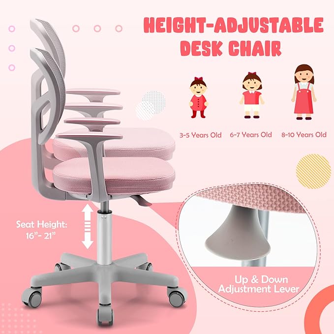 HONEY JOY Kids Desk Chair, Height Adjustable Children Study Chair, Swivel Mesh Task Student Chair, Universal Casters, Child Computer Desk Chair for Boys Girls Age 3-10 (Pink)