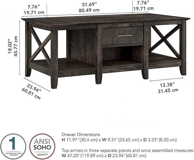 Bush Furniture Key West Coffee Table with Storage in Dark Gray Hickory