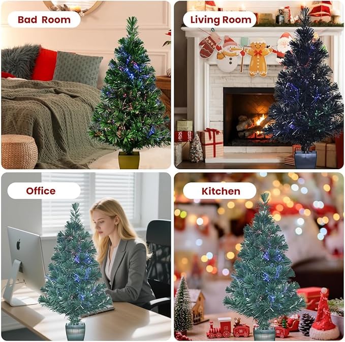 32inch Pre Lit Fiber Optic Christmas Tree,Small Christmas Tree with Lights,Mini Tabletop Christmas Trees,Starry Sky‌ Xmas Tree for Home,Office,Party Decoration,Indoor,Outdoor (Black)