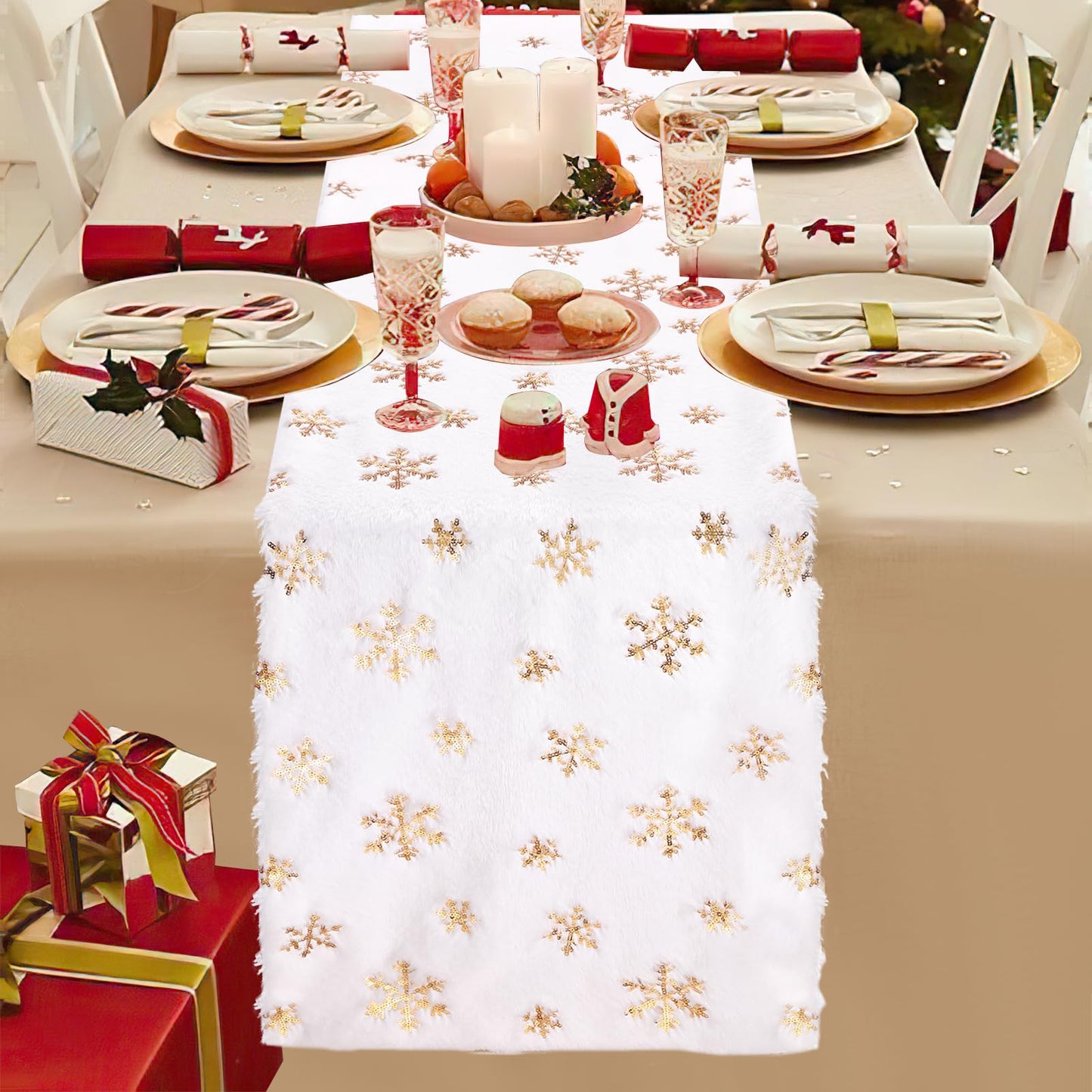 Faux Fur Table Runner Christmas Table Runner 108 Inches Long Gold Snowflake Table Runner for Winter Snowy Party Home Holiday 13 x 108 Inch Christmas Runner for Table Decorations