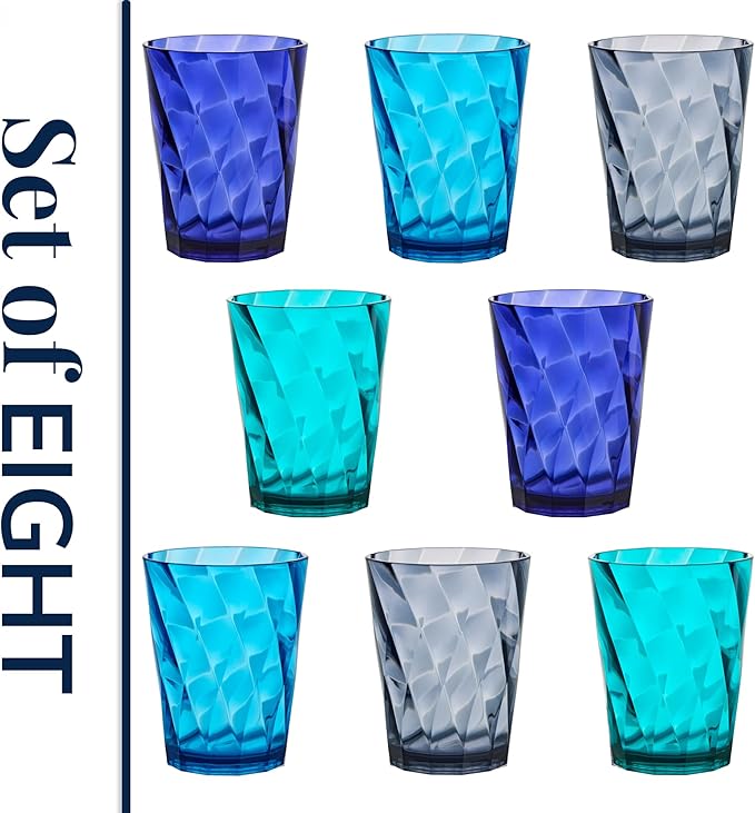 US Acrylic Optix Plastic Reusable Drinking Glasses (Set of 8) 14oz Rocks Cups in Coastal Colors | BPA-Free Tumblers, Made in USA | Top-Rack Dishwasher Safe