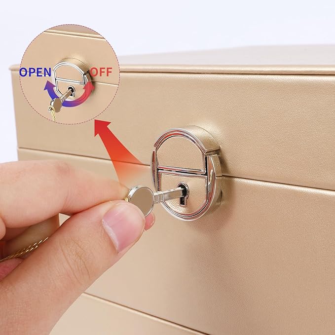 BOOVO Earring Jewelry Box For Women Girl Stud Organizer, 5 Layers Girl Jewelry Organizer Box With Lock Earring Holder Organizer Necklace Ring Jewelry Organizer Box For Girls (Champagne)